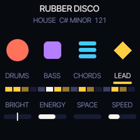 The FM-1's screen running Noodle: a song's name, four shapes for drums, bass, chords and lead, a row of sixteen steps and four knobs.