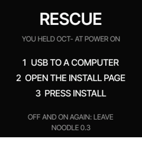 The FM-1's screen in rescue mode: RESCUE, then three steps: USB to a computer, open the install page, press Install.